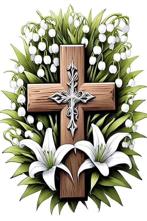 Wooden Cross Surrounded By Lily Of The Valley