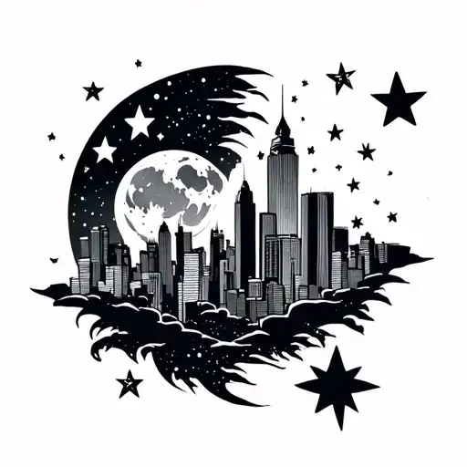 The Skyline With Stars Shining And Moon Surrounded By Stars