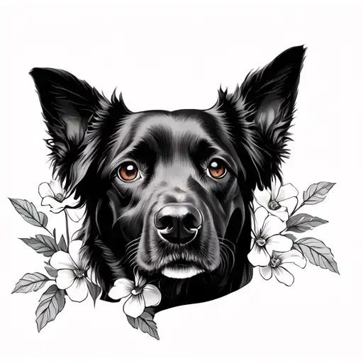 A Black Retriever With Flower Blooming