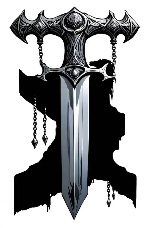 A Large Sword With Embelishements Hanging From The Hilt