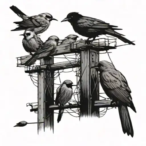 Black And White Silhouette Of Birds On A Telegraph Pole And Wire