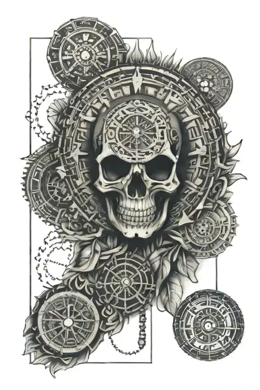 Forearm Half Sleeve With Rosary And Aztec Calendar With Skull