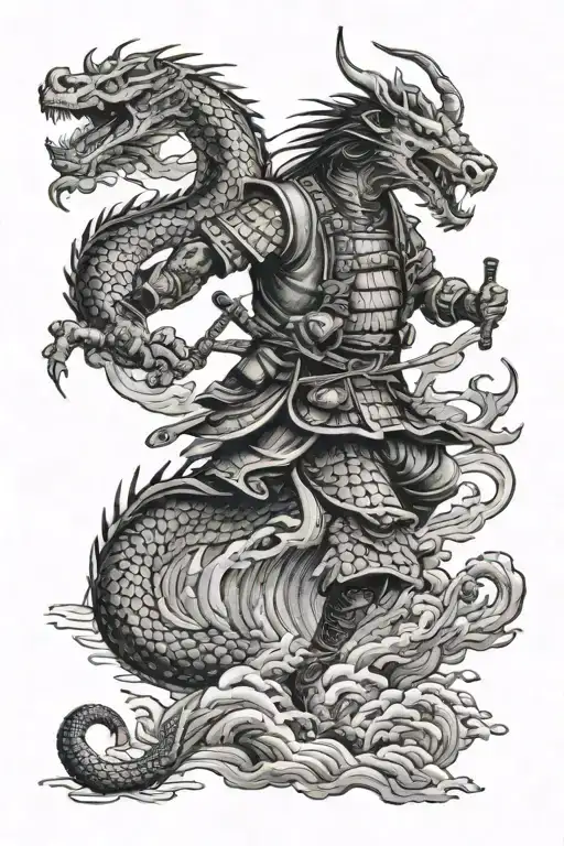 Samurai Warrior Battling A Dragon In A Traditional Japanese Landscape