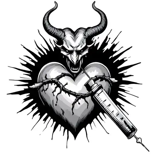 Devil Comi G Out Of A Syringe Connected To Heart