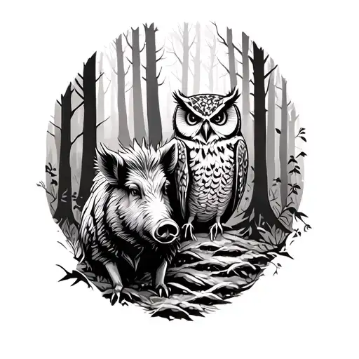 A Boar And A Owl In A Forest