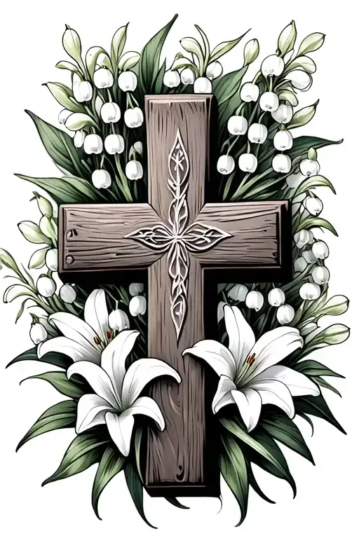 Wooden Cross Surrounded By Lily Of The Valley