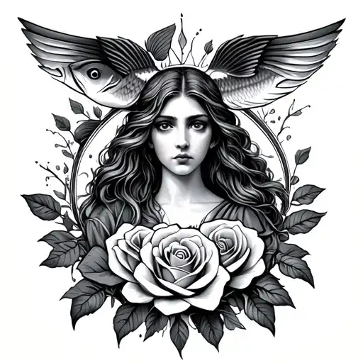 Virgin Zodiac Symbol With Fish Zodiac Symbol Around And Roses
