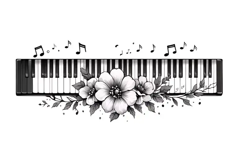 Piano Keys With Flowers And Music Notes Floating