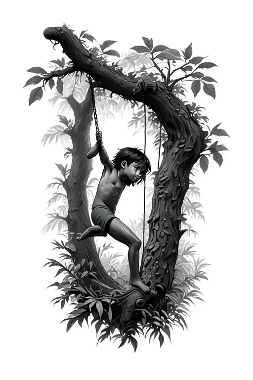 Forest With Junglebook Kid Swinging On A Vine