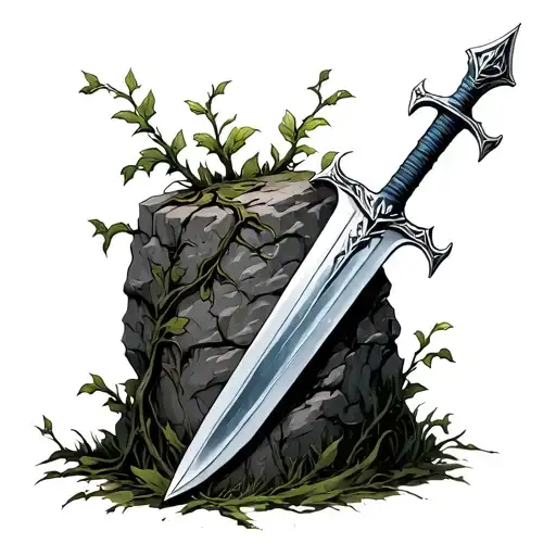 Sword In The Stone With Vines Growing On Them