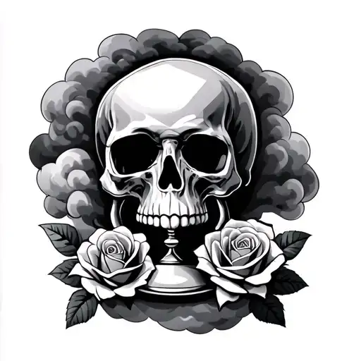 A Skull -Shaped Cloud Background In Front Of A Hourglass With Rose