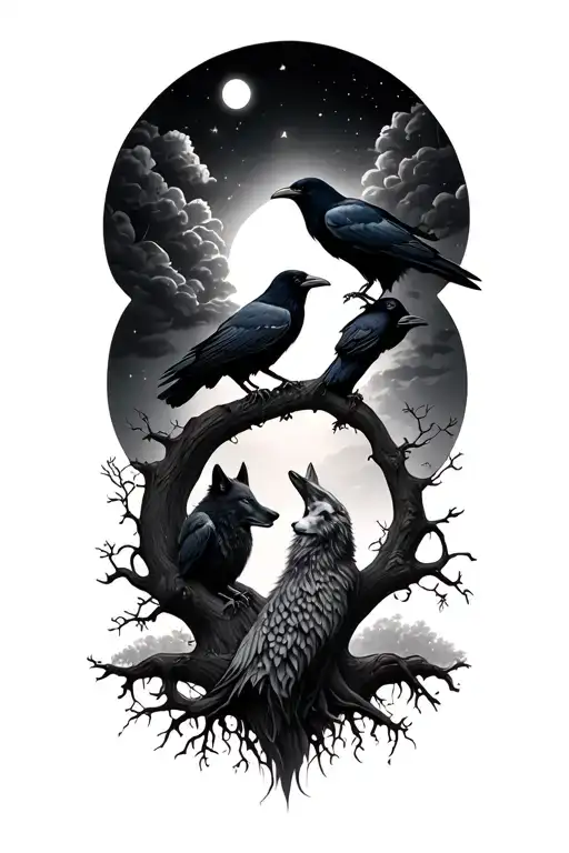 Tree Of Life Night And Day With 2 Ravens And A Wolf