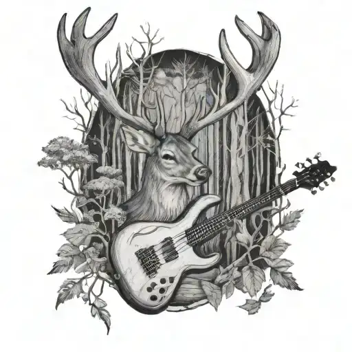 A Detailed Scene Of A Deer Playing Bass In A Forest Setting