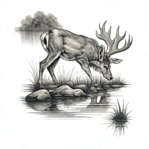 A Serene Scene Of A Deer Drinking From A River
