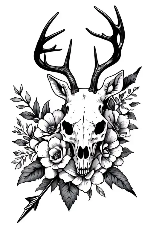 Deer Skull Arrow Piercing Flowers Intertwined