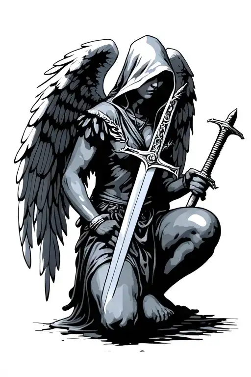 Hooded Angel Kneeling With Sword Made