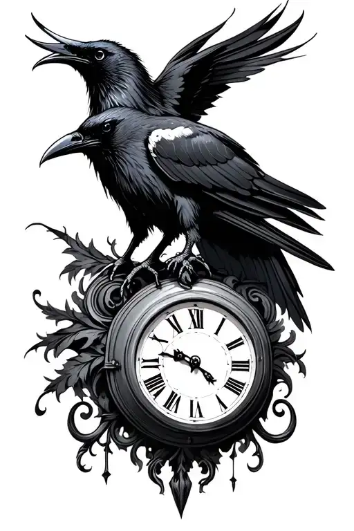 Raven And Clock Behind