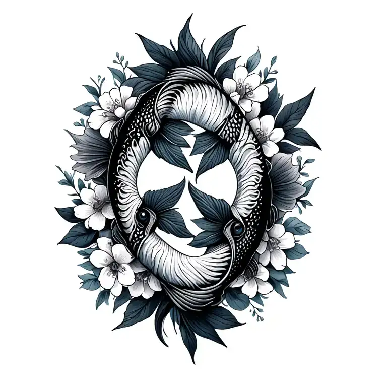 2 Pisces Fish Surrounded By Flowers Intertwined