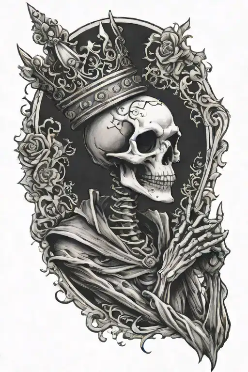 A Skellington Praying Wearing A Crown And Shading In A Sleeve