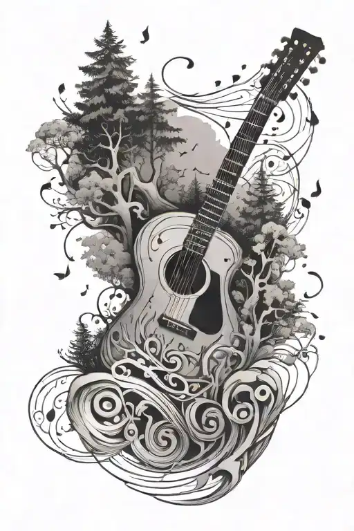 A River Winding Through A Forest With A Guitar And Music Notes Floating Above