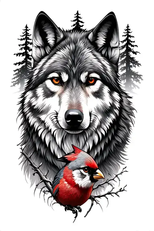 Wolf And Cardinal And Trees