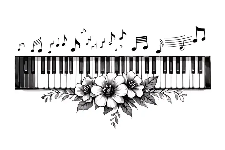 Piano Keys With Flowers And Music Notes Floating One Octave