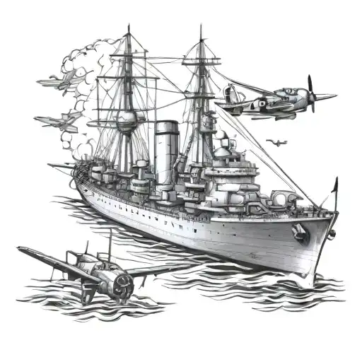 World War Ii Warship Battle With Airplane And Paratroopers