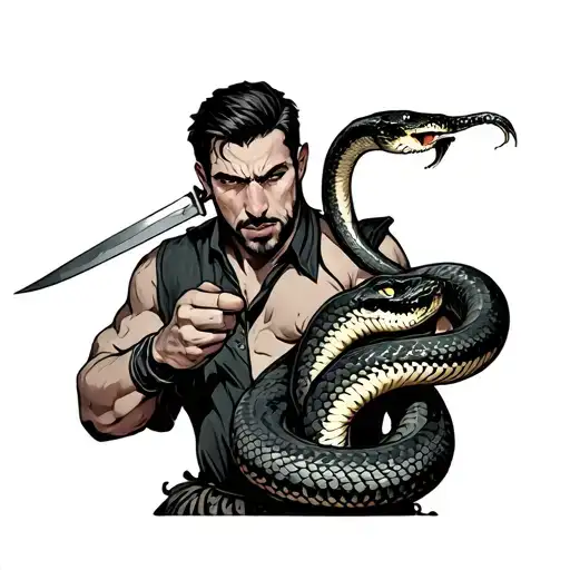 A Man Holding A Snake Preparing To Stab It