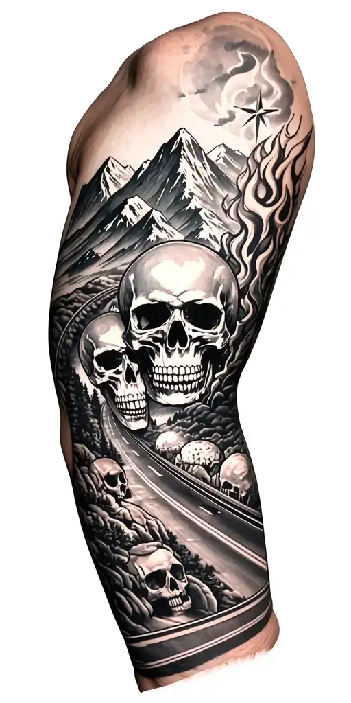 Intricate Arm Sleeve With A Mountain Highway Include Skulles North Star And Flames