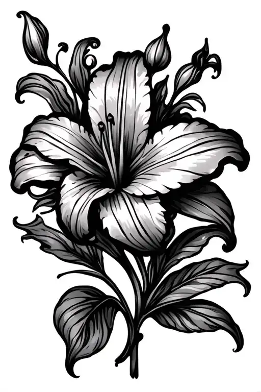 Lily Flower With Stem Leaves And Swirls