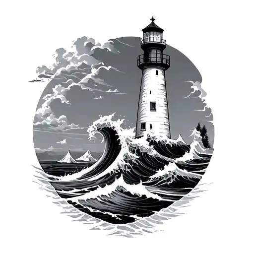Vintage Lighthouse With A Giant Wave Wrapping Around It
