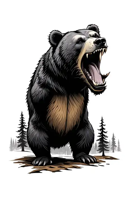 Bear Growling With Forest In The Background Black