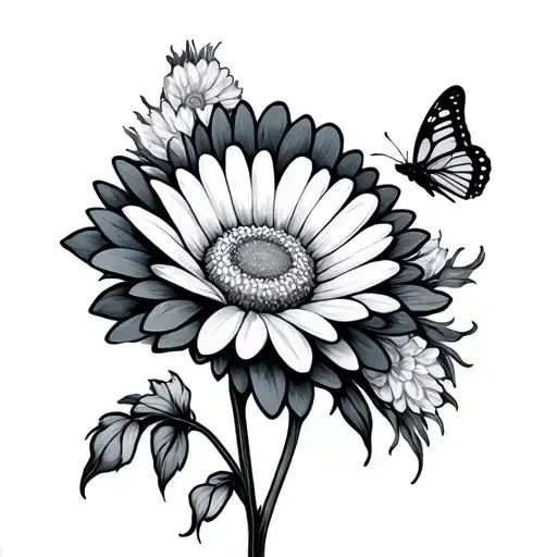 Daisy And Chrysanthemum With Butterfly Minimalist Line Tattoo Design