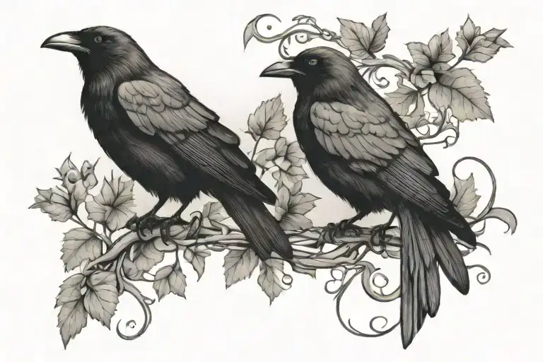 Two Crows Making A Vine Thin Long