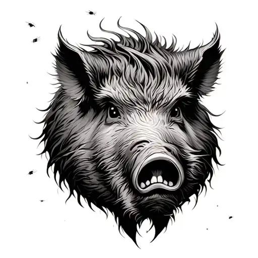 Old Seasoned Wild Boar Smelly With Flies And Evil Tired Eyes