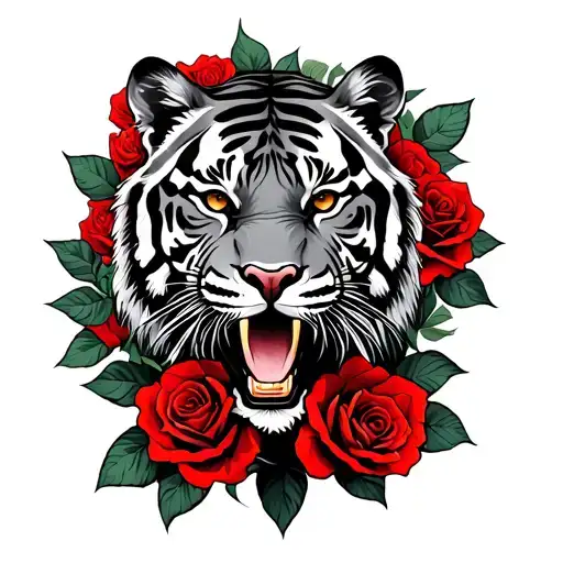 Black And Grey Tattoo Of A Tiger With Red Roses Around It