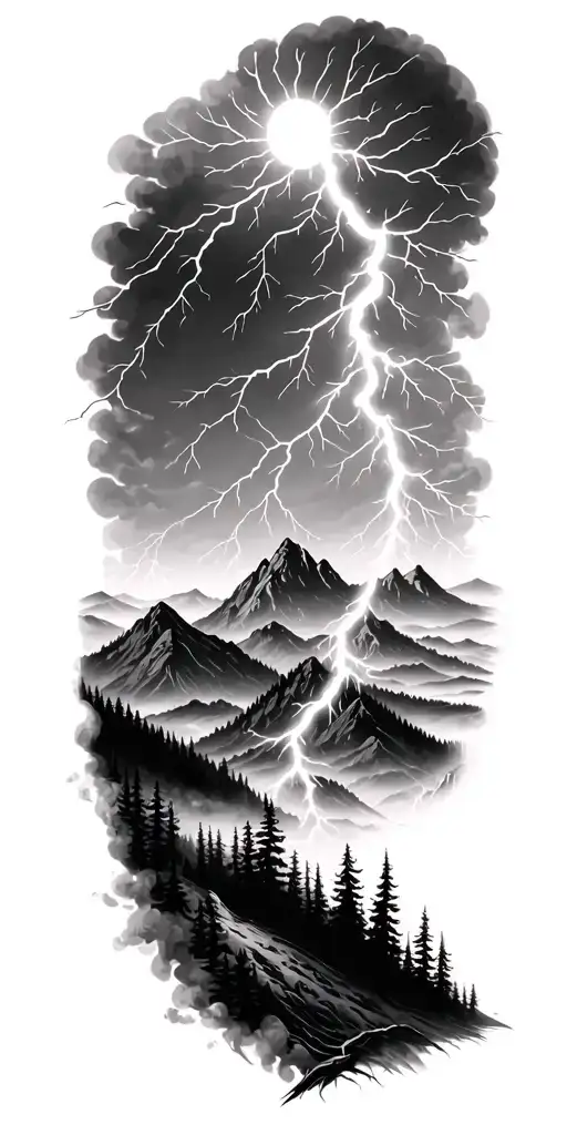 Lightning Storm With Forrest And Mountains