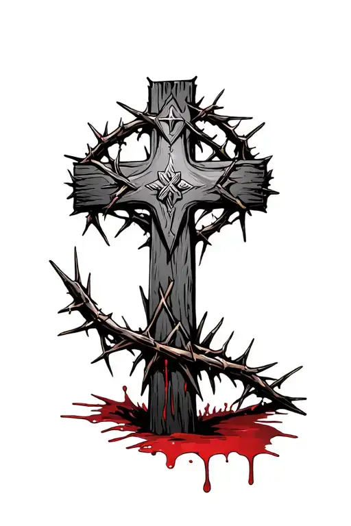 Rustic Cross With Crown Of Thorns And Nails At The Foot With Blood Stains