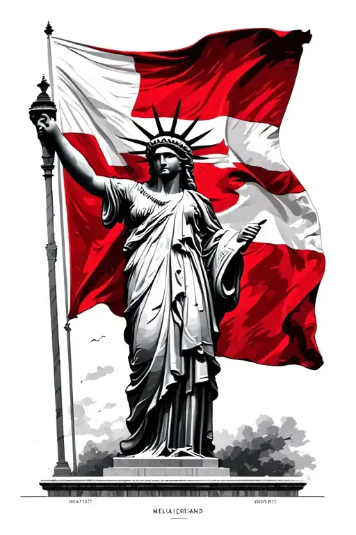 Freedom Statue With Red Flag