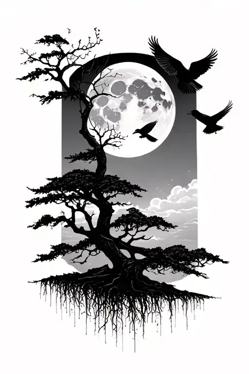 Trees And Moon And Crows Flying