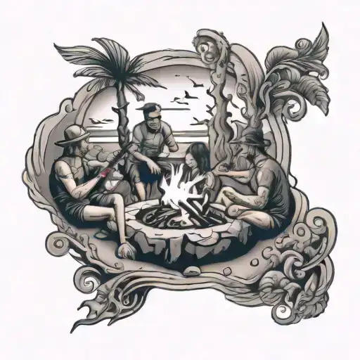 A Beach Bonfire With Family Members Playing Music Around It