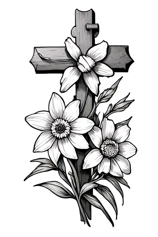 Cross Tatto Fine Line With Daffodil Flower And Aster Flower Wrappped Around It