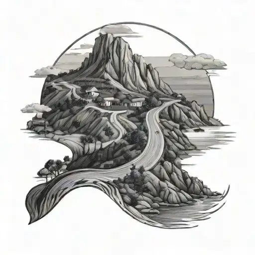 A Detailed Black And Grey Tattoo Of A Winding Road Leading To A Scenic Overlook Of Big Sur Coastline