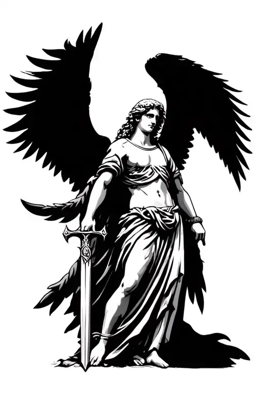 Greek Angel With Feathery Wings Holding A Sword