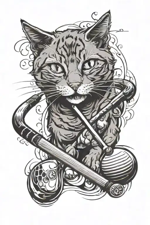 Incorporate Hockey Sticks And Golf Clubs Into A Tattoo Design With A Cat Motif