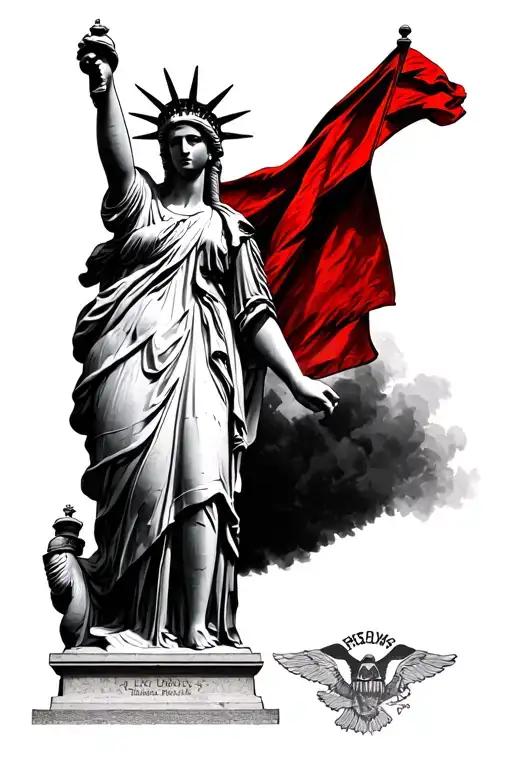 Freedom Statue Holding A Red Flag In Her Hand