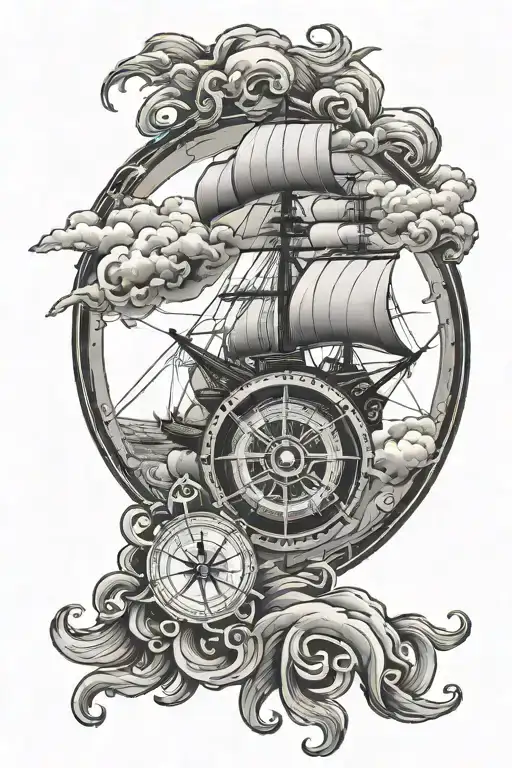 Nautical Compass Kraken And Boat In A Storm Clouds