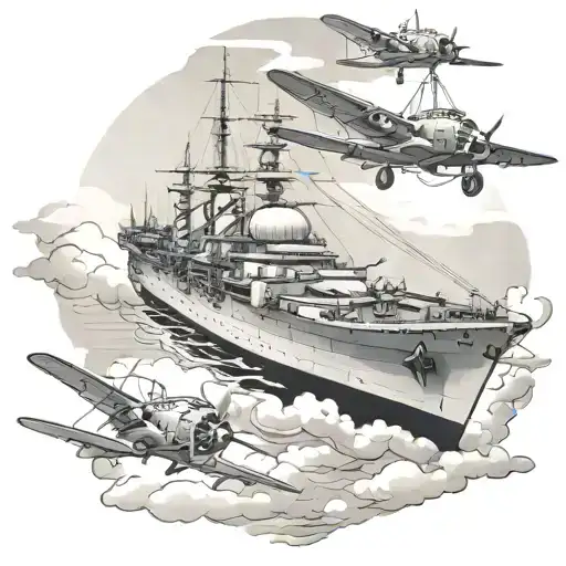 World War Ii Warship Battle With Airplane And Paratroopers