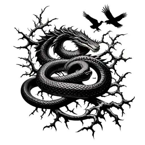 Injured Dragon Snake Coiled Around Spiky Thorn Vines With Leaves Whilst Crows Attack At It