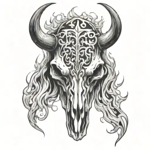 Bull Skull With Flames Surrounding The Horns